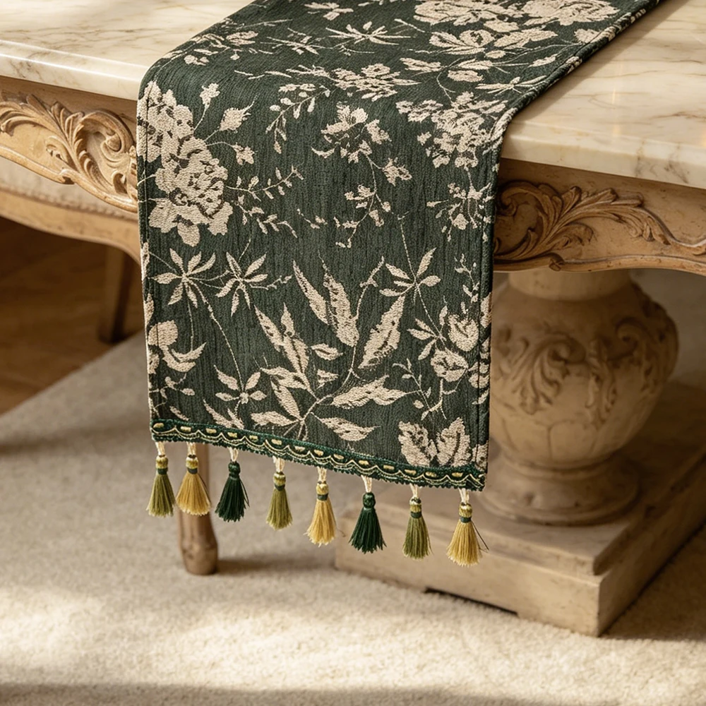 BUYNOW 1 Stück floraler Jacquard-Tischläufer mit dreifarbigen Anhängern, elegante Heimdekoration für Esstisch, Wohnzimmerdekoration