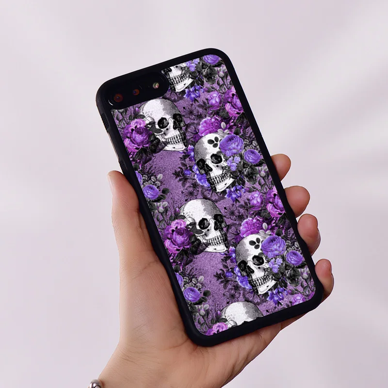 Wildflower Silicone Phone Case Cover for iPhone 6 6S 7 8 Plus X XS XR 11 12 13 14 15 Mini Pro Max Goth Skulls & Purple Roses