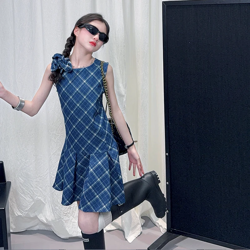 Girls' 2025 Summer Elastic Cowboy Checkered Dress Round Neck JK Princess Dress Sleeveless Baby's Hundred Fold Skirt