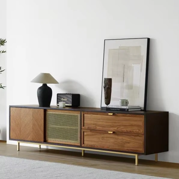 # Mid Century Modern Wooden TV Wall Unit Hidden Storage Drawers Sturdy Build Eco-Friendly Design for Apartment Living Room