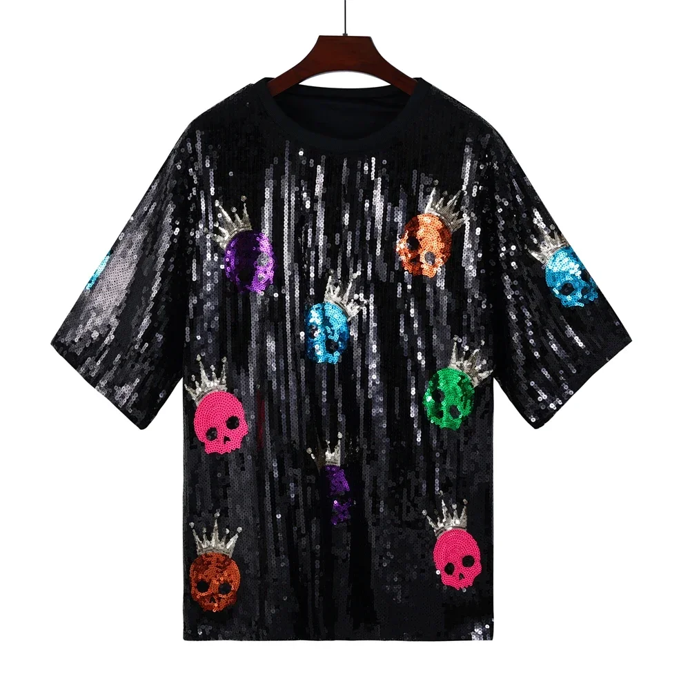 2025New Cartoon Women  Sequins T shirt Round Neck  Short Sleeve Streetwear Female T-Shirt Hip Hop Straight  Letter lady Tops