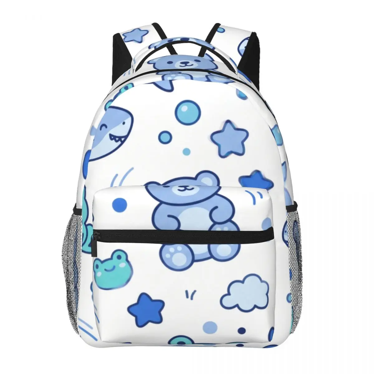 School Backpack Tossed Shark Dinosaur Frog Bear Cute Kawaii Blue White Cozy Bookbag for Girls Boys Teens Birthday Gift Travel