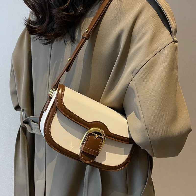 Vintage Color Block Casual Women's Bags with Gold Buckle Detail Adjustable Crossbody Bag Strap for Women Shoulder Purse Everyday