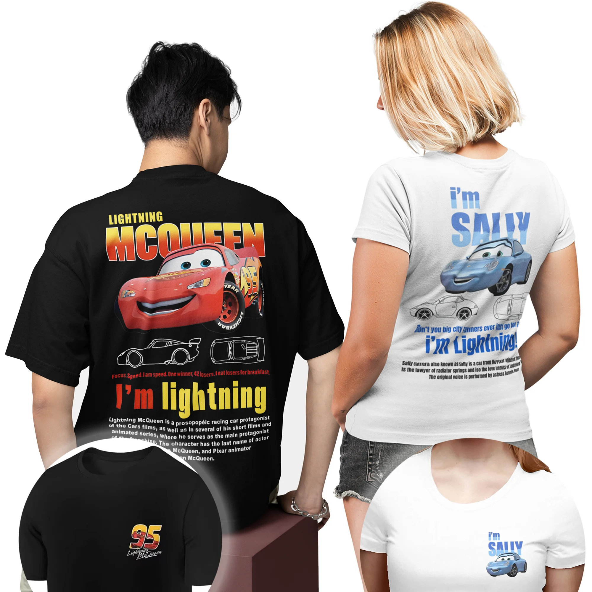 Romantyczna koszulka Lightning Mcqueen i Sally pasujące stroje dwustronny nadruk Sally Mcqueen tshirt koszulki na prezenty dla par