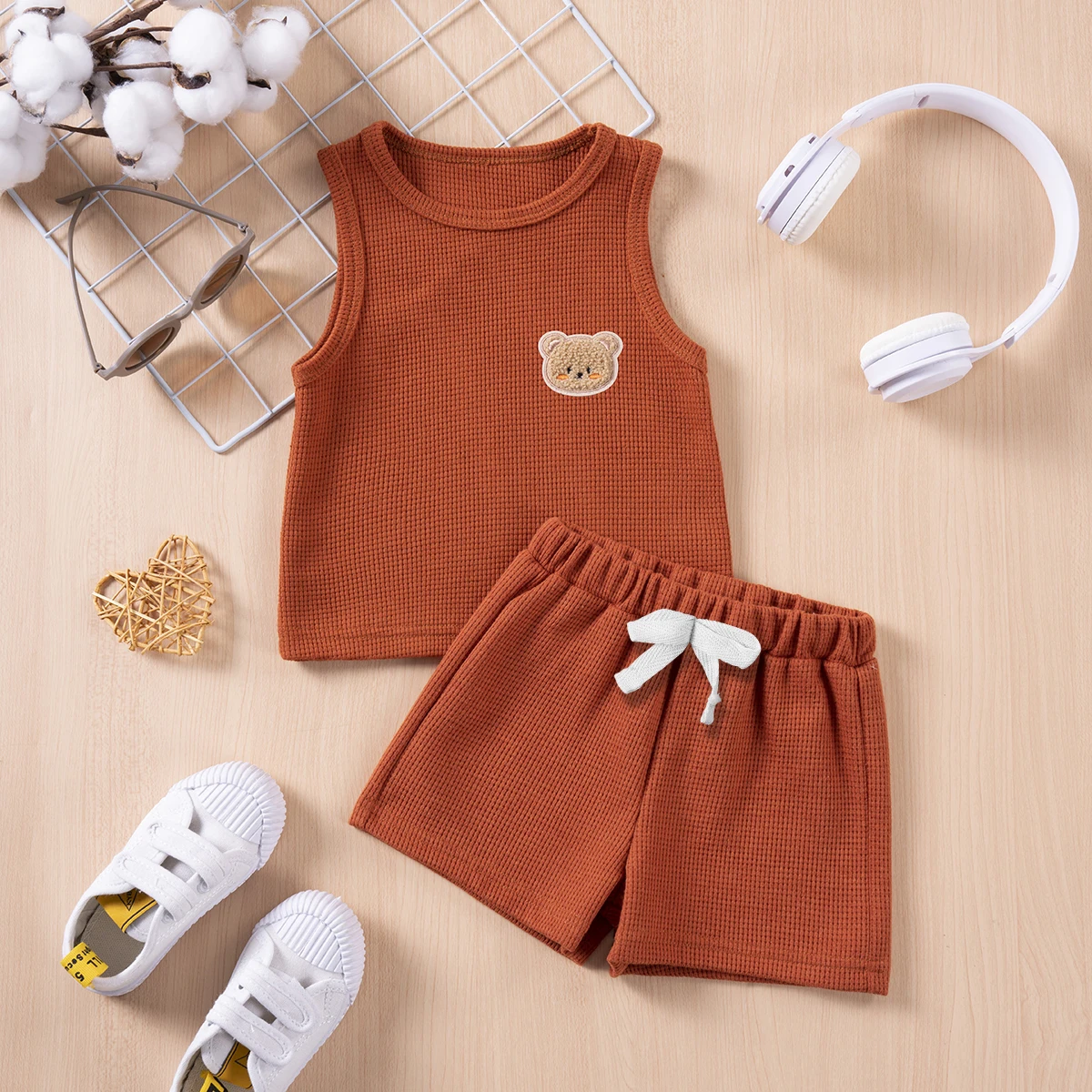 2024 Summer Waffle Cub Decorative Casual Tank Top+Shorts Two Piece Set for Children\'s New Casual Fashion Versatile