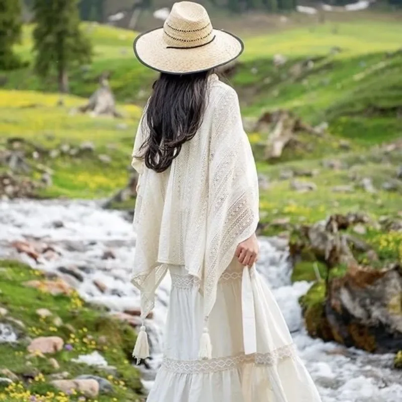 

Lace Trim Ethnic Poncho Women Knitted Tassel Split Cape Spring Vacation Outwear Photography Bohemian Chic Office Daily