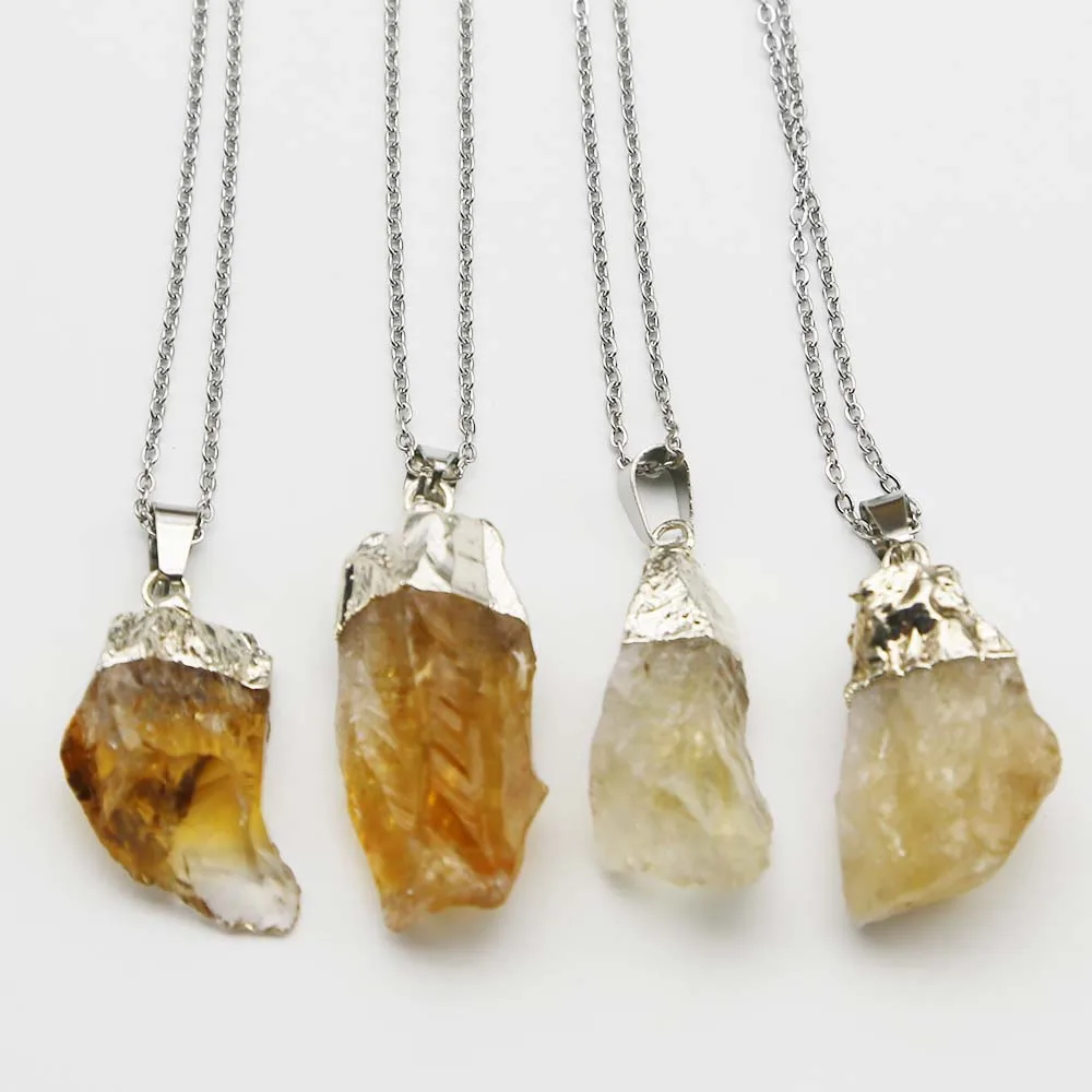 

Natural Topaz Raw Ore Irregular Topaz Pendant Electroplated Wrapped Stainless Steel Necklace DIY Reiki Charm Jewelry Gift 4Pcs