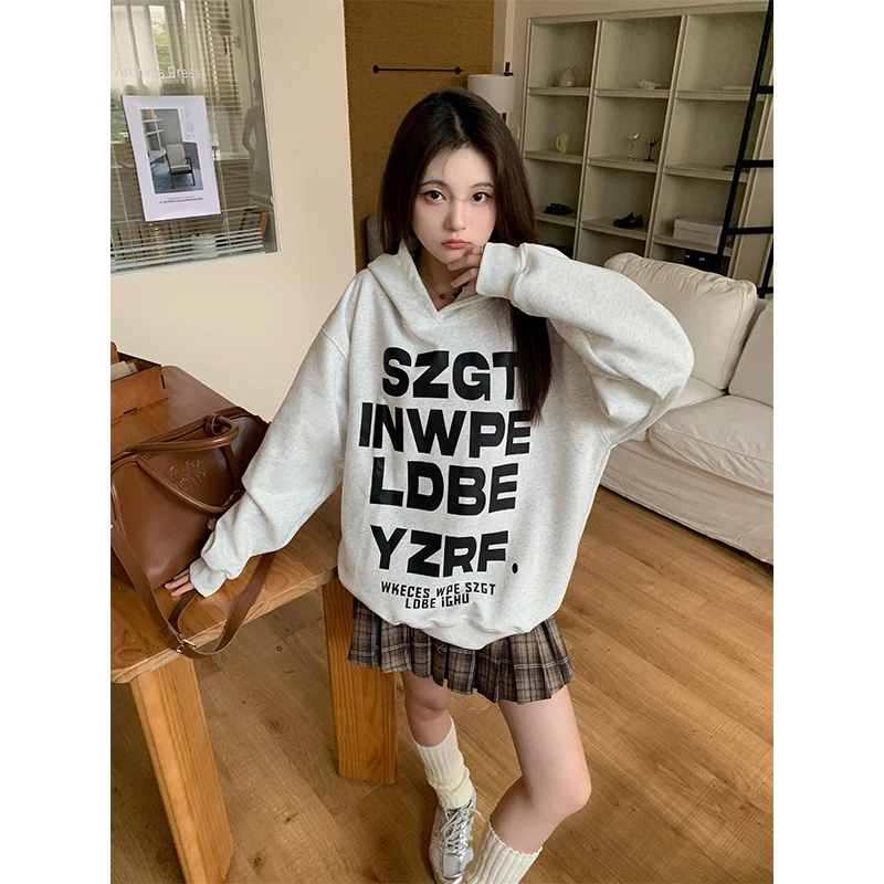 Solto ajuste longo sve carta impressão moletom feminino sle versão coreana outono nova chegada versátil feminino hoodie