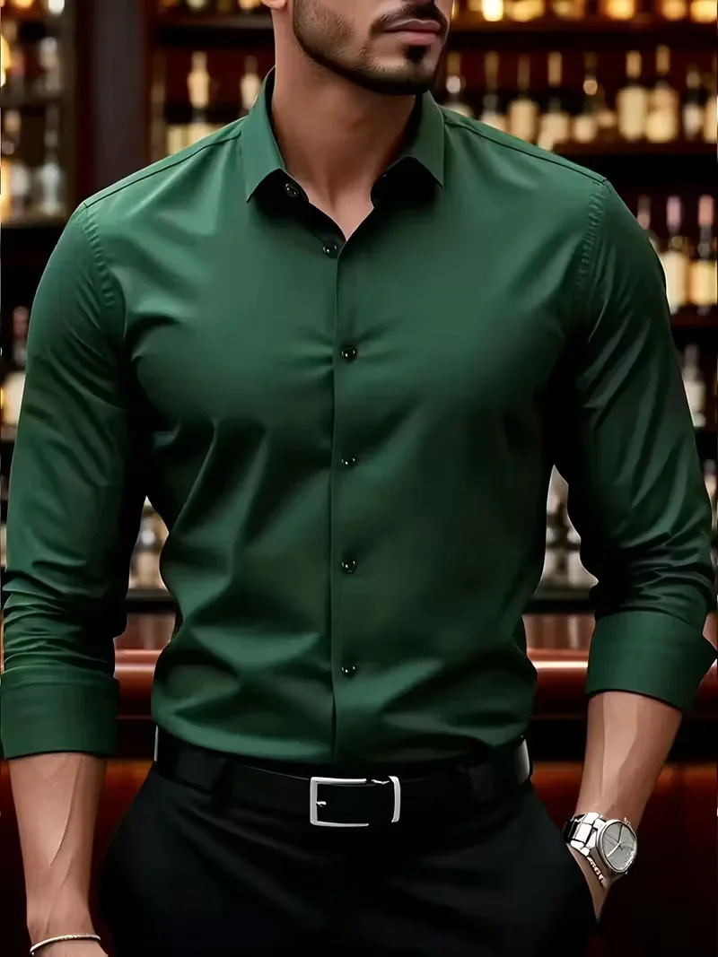 

2026 Business Dress Shirt Solid Colour Long Sleeve Collared Holiday Shirt Fashionable Casual Top