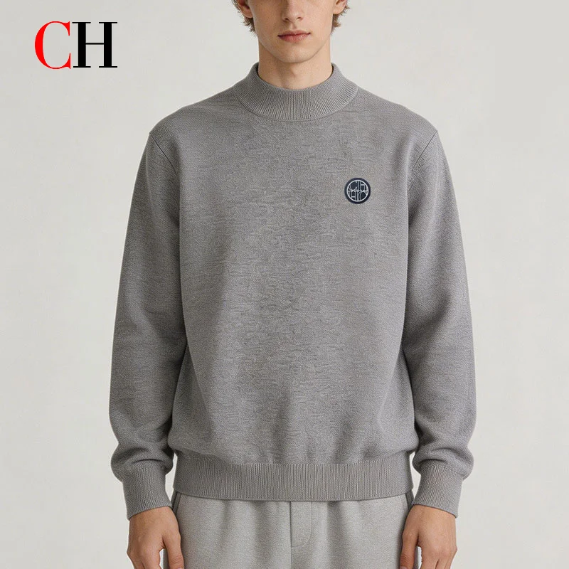 CH Men Casual Knitted Sweater Crew Neck Pullover Long Sleeve Solid Color Loose Fit Sweatshirt Style Top Autumn Winter Fashion