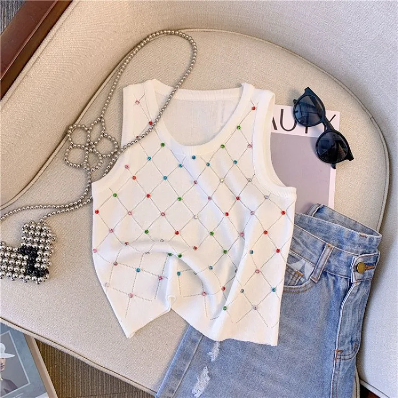 Y2k Tops Diamond Encrusted Knitted Vest Women Summer Short Vest Sleeveless Tops Sling Crop Tops Tank Top Women Clothing