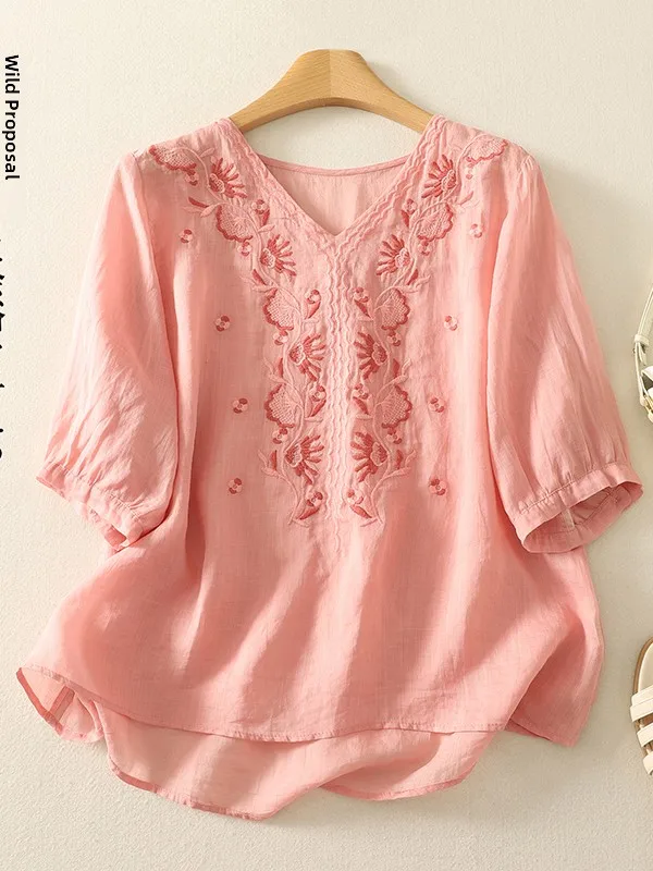 

Лето 2025 г., свободный крой из хлопка и льна с вышивкой V Ne irt, женский тонкий универсальный топ ort Sve в стиле ретро, для поездок на работу, Faion