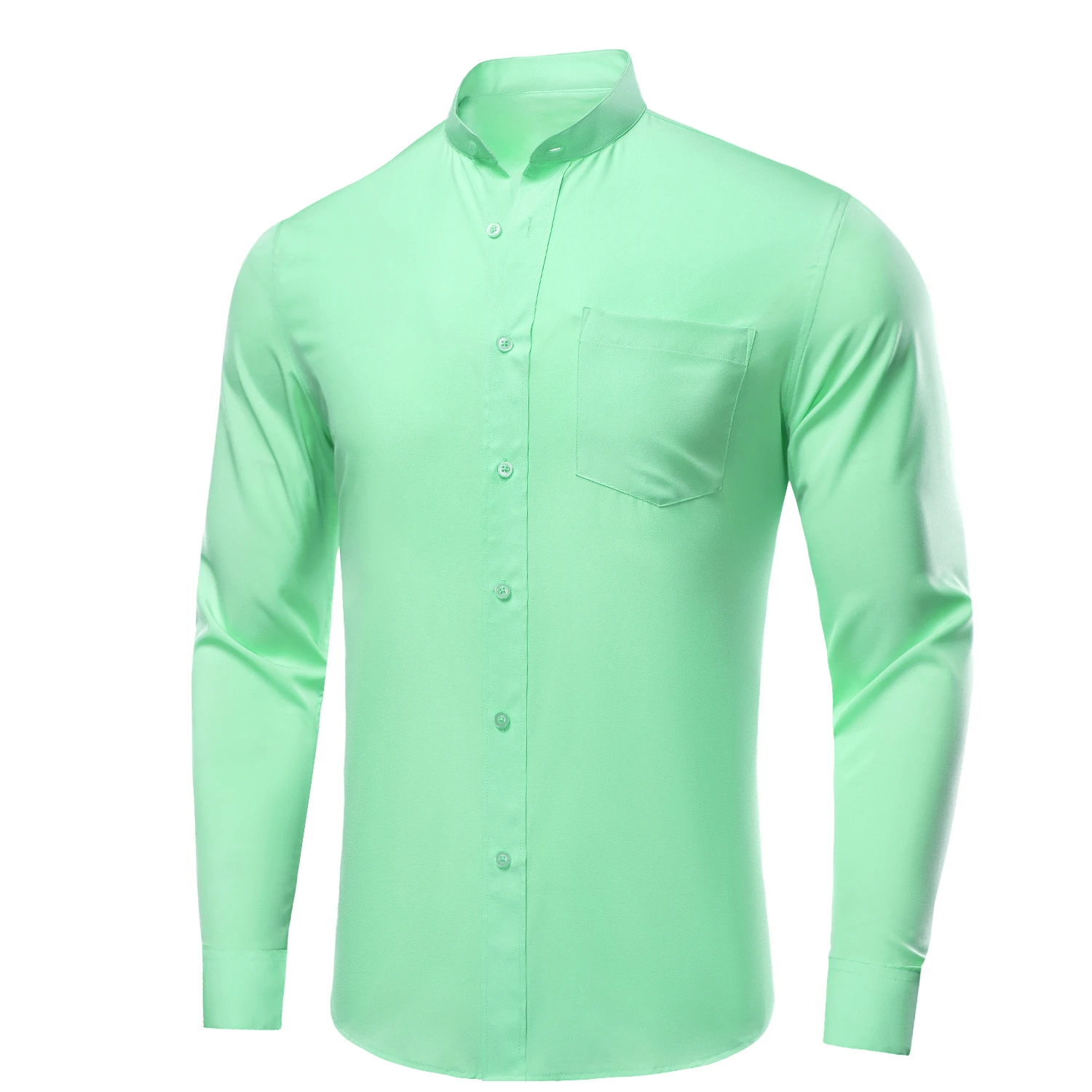 Hi-Tie Plain Mint Green Silk Mens Shirts Long Sleeve Mandarin Collar Jacket Coat Shirt Elegant Light Summer Spring Male Blouse