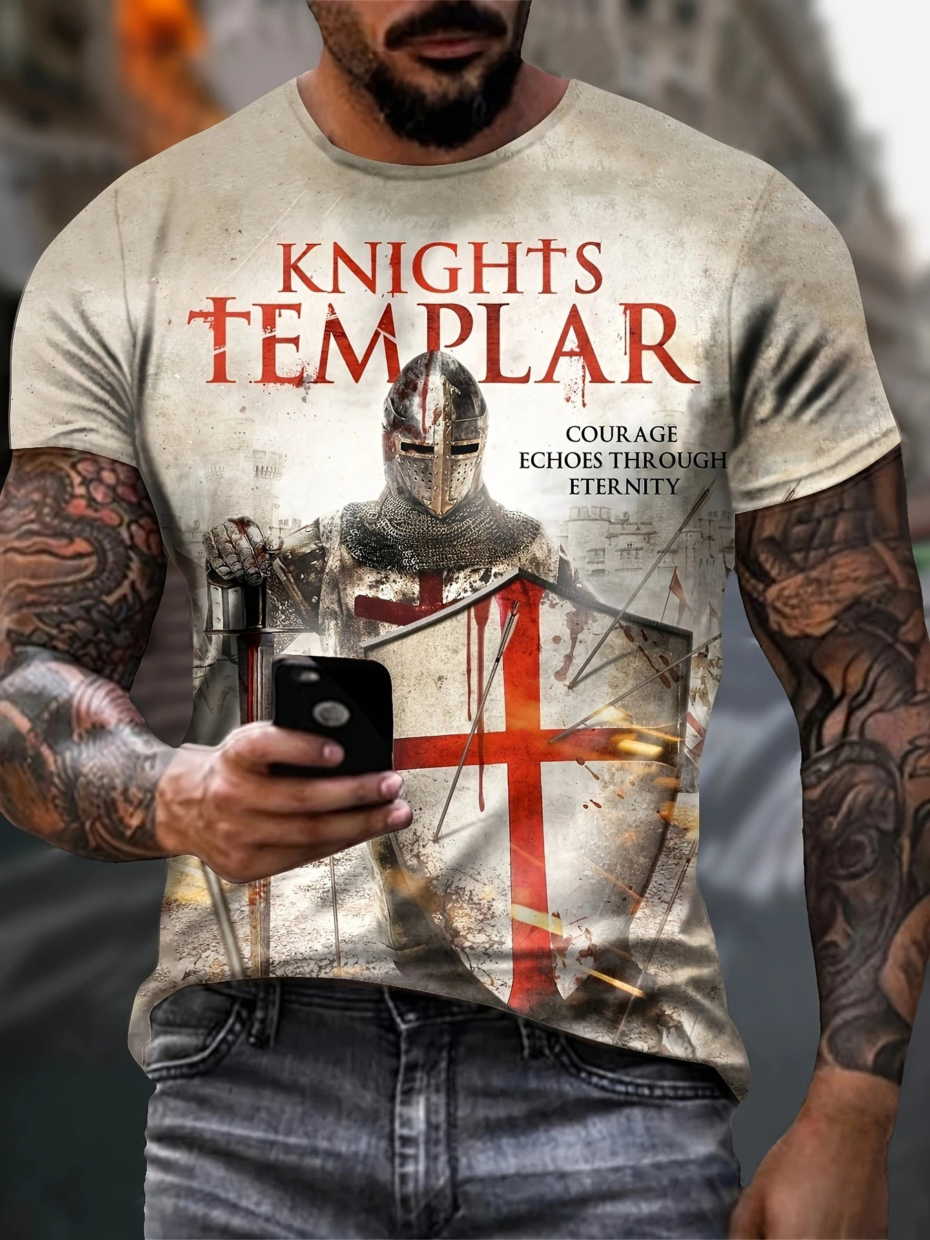 Men's Knights Templar Graphic T‑Shirt, Retro Medieval Warrior Shield Cross Print Crew Neck Short Sleeve Casual Tee for Men