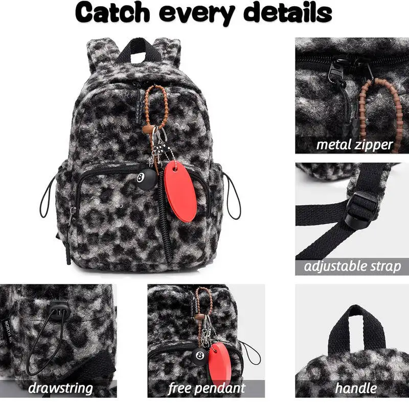 حقيبة ظهر قطيفة إكسسوارات لطيفة بطبعة الفهد حقائب كتب كاجوال مع قلادة صغيرة للسفر حقيبة كتف أنيقة متعددة #4