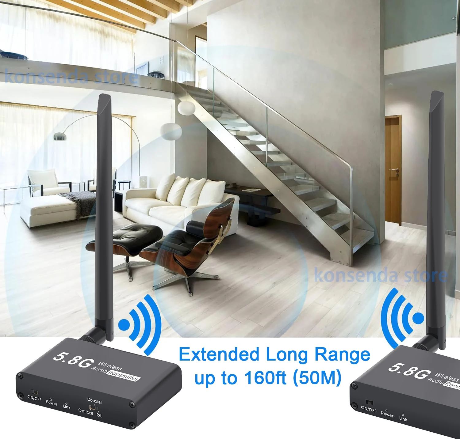 Trasmettitore audio ottico coassiale wireless da 5,8 GHz Extender 50M WiFi Ricetrasmettitore audio stereo analogico da 3,5 mm per altoparlante TV Soundbar