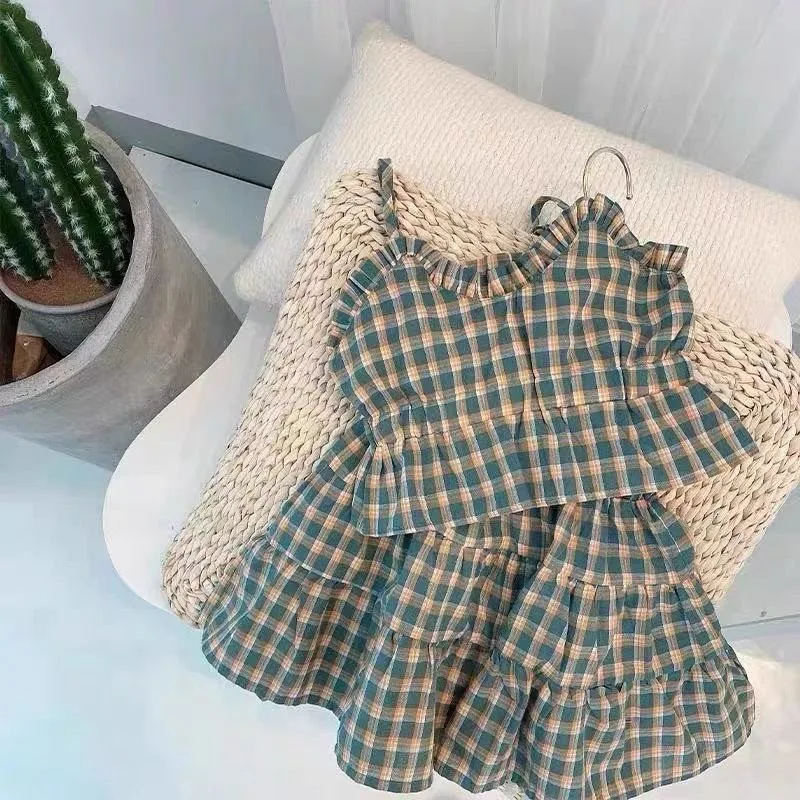 Summer New Girls Kids Sling+Shorts Set Princess Baby Checkered Bow Thin Strap Suits Girl Children Fashion Sweet Waistcoat Skirts
