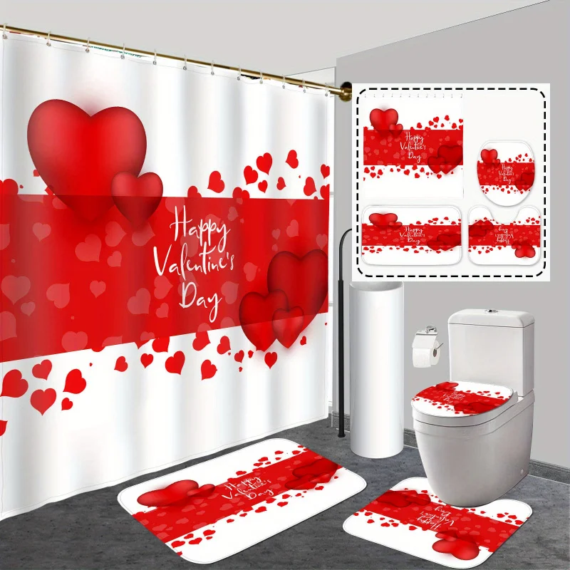 4pcs Nunoshin Valentine'S Day Bathroom Set, Water-Resistant Polyester Bath Decor, Graphic Heart Pattern, Unlashed, with Non-Slip