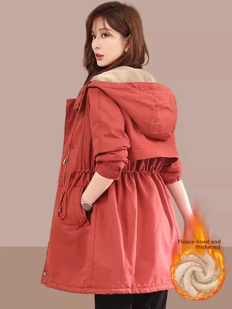 

Новая женская утепленная парка средней длины из хлопка на флисовой подкладке с капюшоном, повседневная верхняя одежда с длинными рукавами для осени и зимы