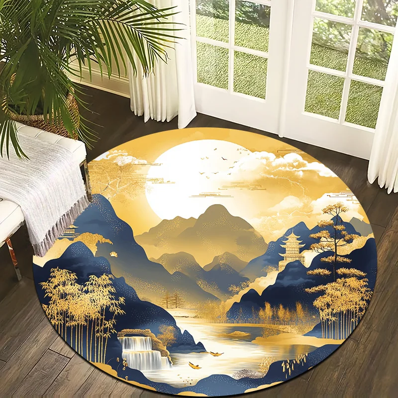 Pagoda-style Zen aesthetic Flannel-printed round floor mats are slip-resistant Suitable for room bedroom terrace garden carpets