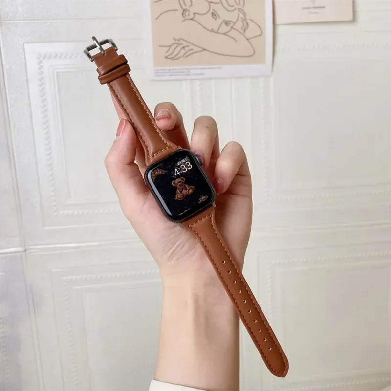 Slim Leather Strap For Apple Watch Band 44 40 41mm 42mm 38mm 49mm 44mm Bracelet Apple watch 8 45mm bands Ultra 9 7 se 3 4 6 Belt image 2