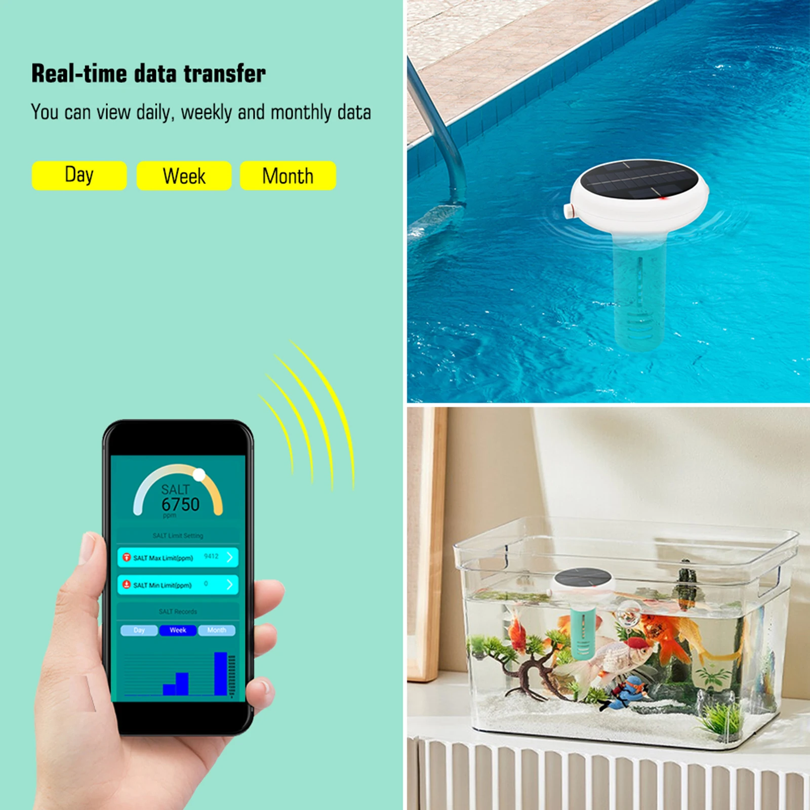 Solar Smart 7 In 1 rilevatore di qualità dell\'acqua PH EC TDS ORP test della temperatura del cloro APP visualizzazione remota allarme valore limite