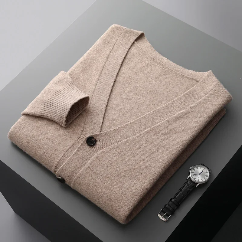 

Autumn and winter 100% pure wool men's cardigan cashmere sweater knitted coat solid color long sleeve high quality coat