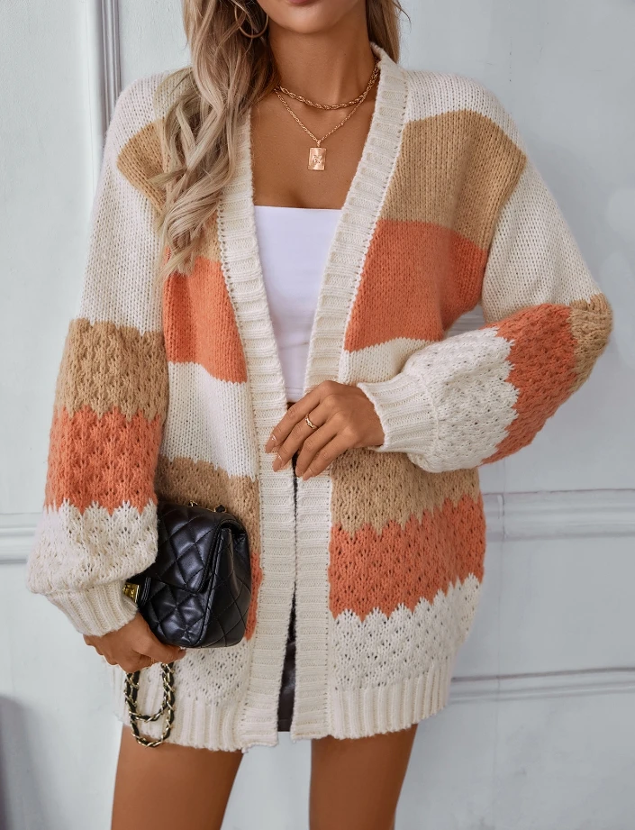 

Women's Cardigan Sweater Winter Street Trendy Thick Contrasting Stripes Cardigan Casual Loose Lantern Long Sleeved Sweater