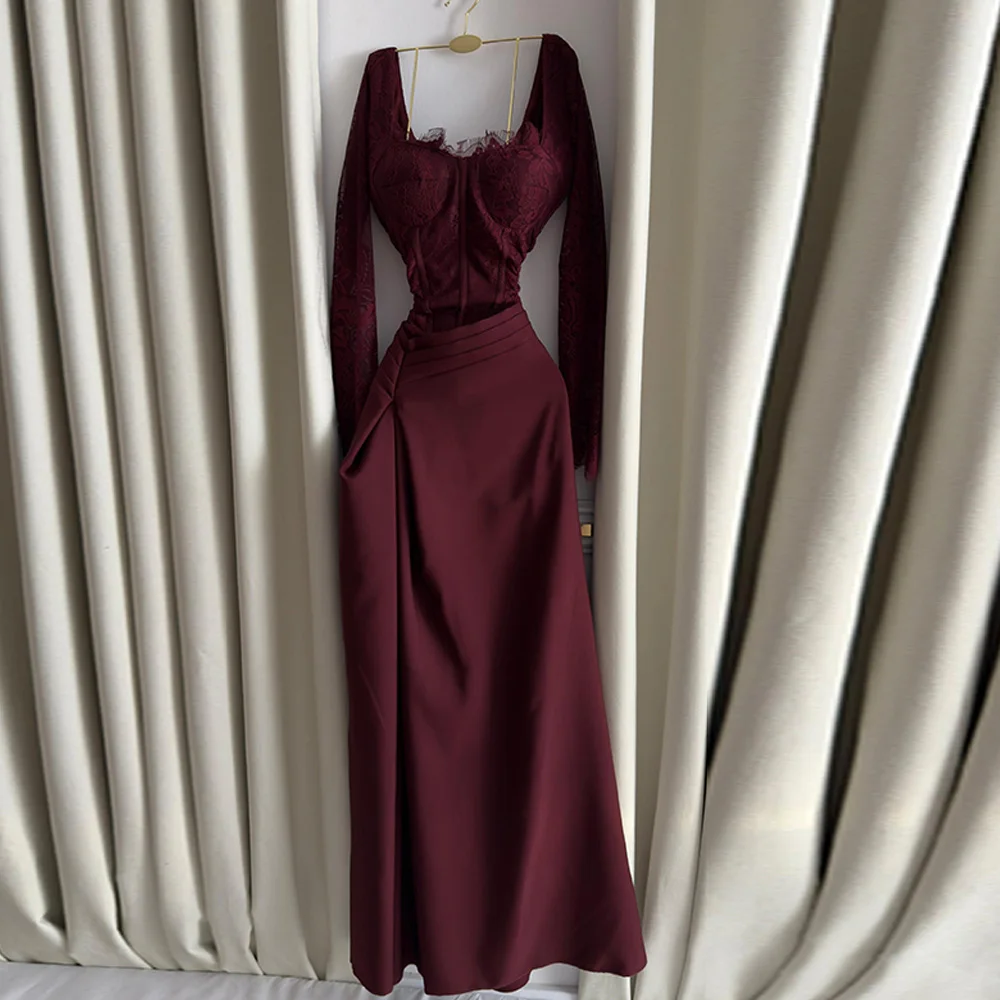 

Square Collar Long Sleeves Evening Dress Customized Elegant Lace Celebrity Gowns High Quality Zipper Back Crystal Prom Dress