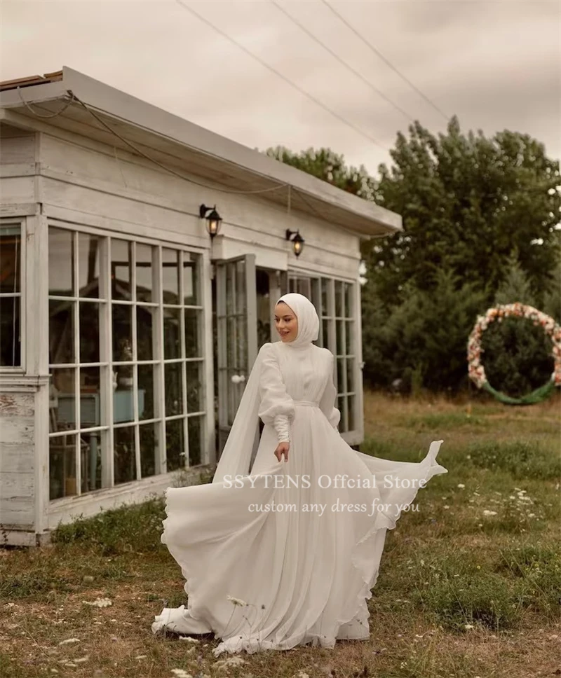 SSYTENS Vintage Muslim Wedding Dress Long Sleeves Soft Chiffon Bridal Gowns Floor Length Hijab Formal Occasion Bride Dresses