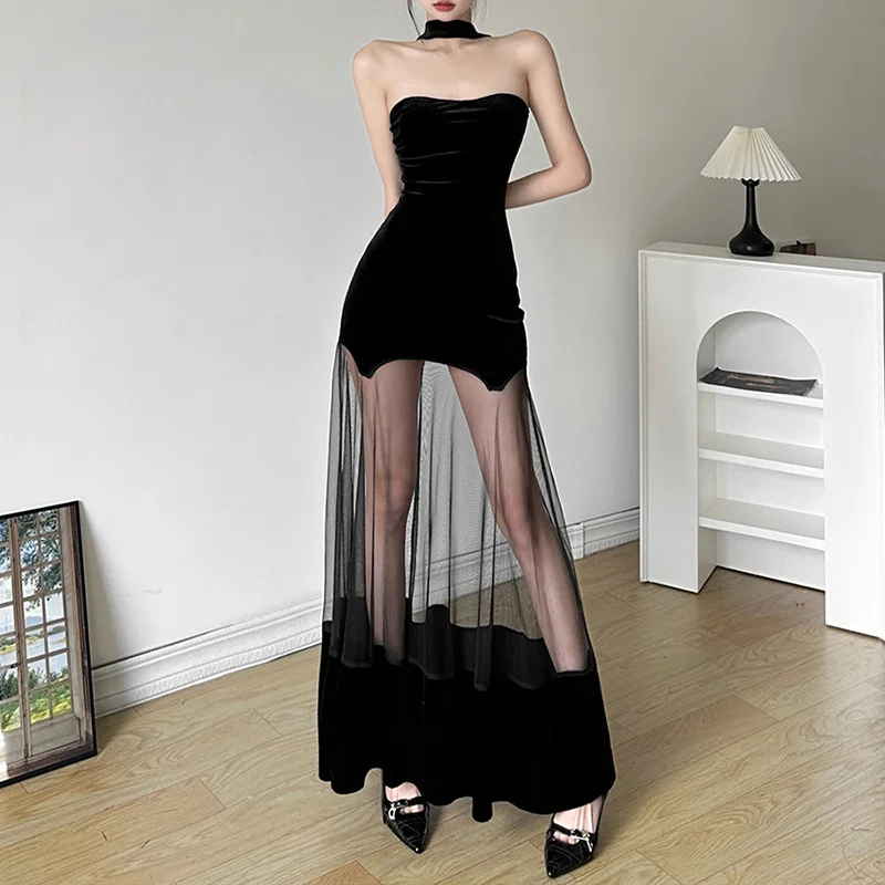 Retro Dark Velvet Elegant Gothic Party HalterชุดY2kตาข่ายPatchworkผู้หญิงBacklessชุดSheer Skinnyชุดราตรีเสื้อผ้าเซ็กซี่