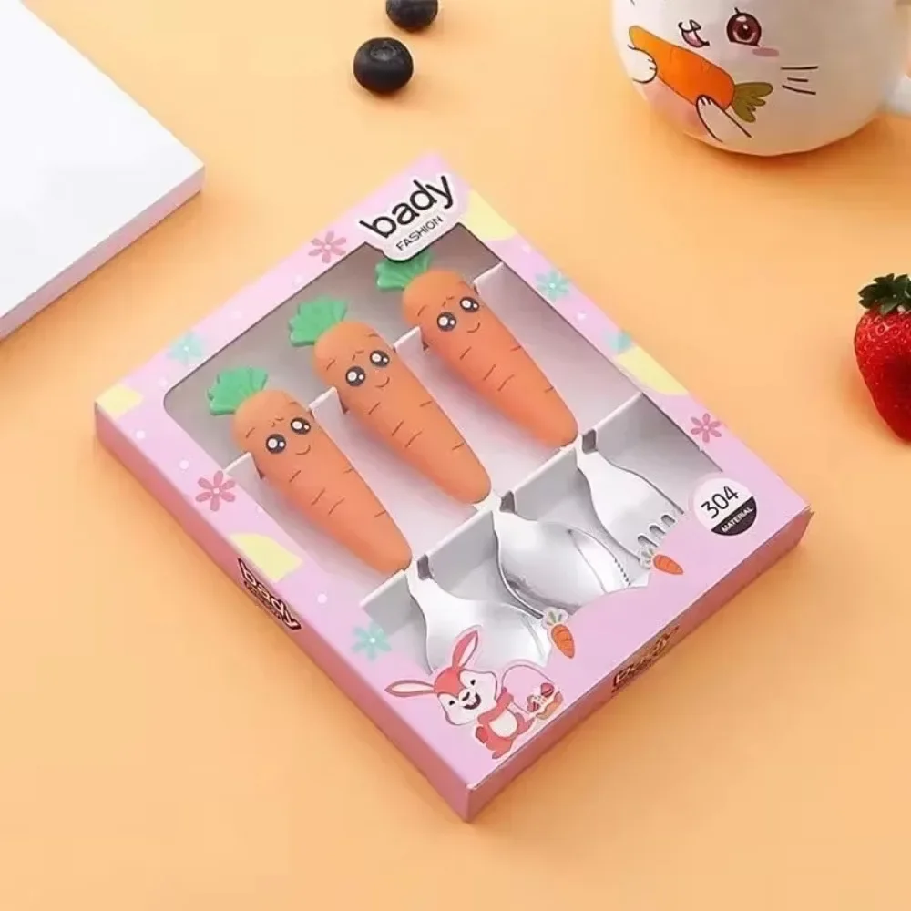 Baby Feeding Utensils Cartoon Carrot Fork Spoon Children Cutlery Set Children's Eating Cutlery Kitchen Gadgets Fork Teaspoon Box