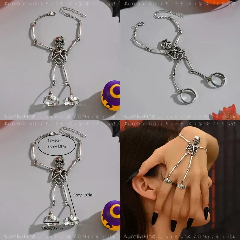 1pc Personalized Punk Gothic Geometric Hollow Skull Skeleton Connecting Ring Creative Hand Back Chain for Halloween Party
