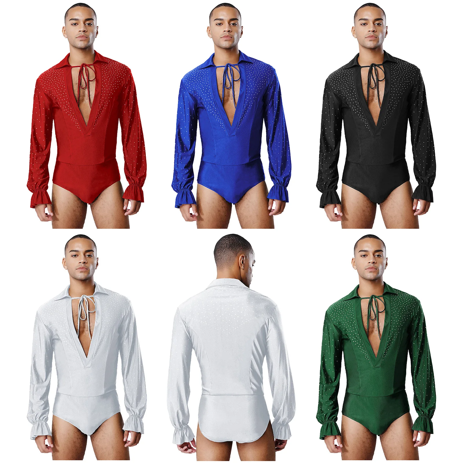 メンズラテンジャズダンスレオタードラインストーン V ネックダンスシャツユニタード社交モダンラテンタンゴルンバチャチャボディスーツダンスウェア