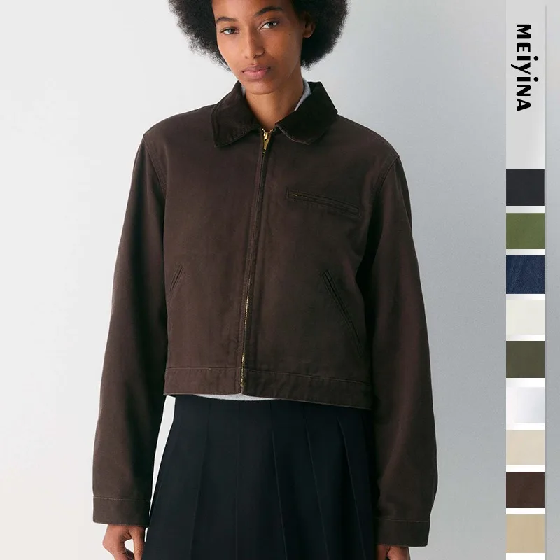 Women's new American vintage workwear jacket autumn and winter coat short-sleeved simple top