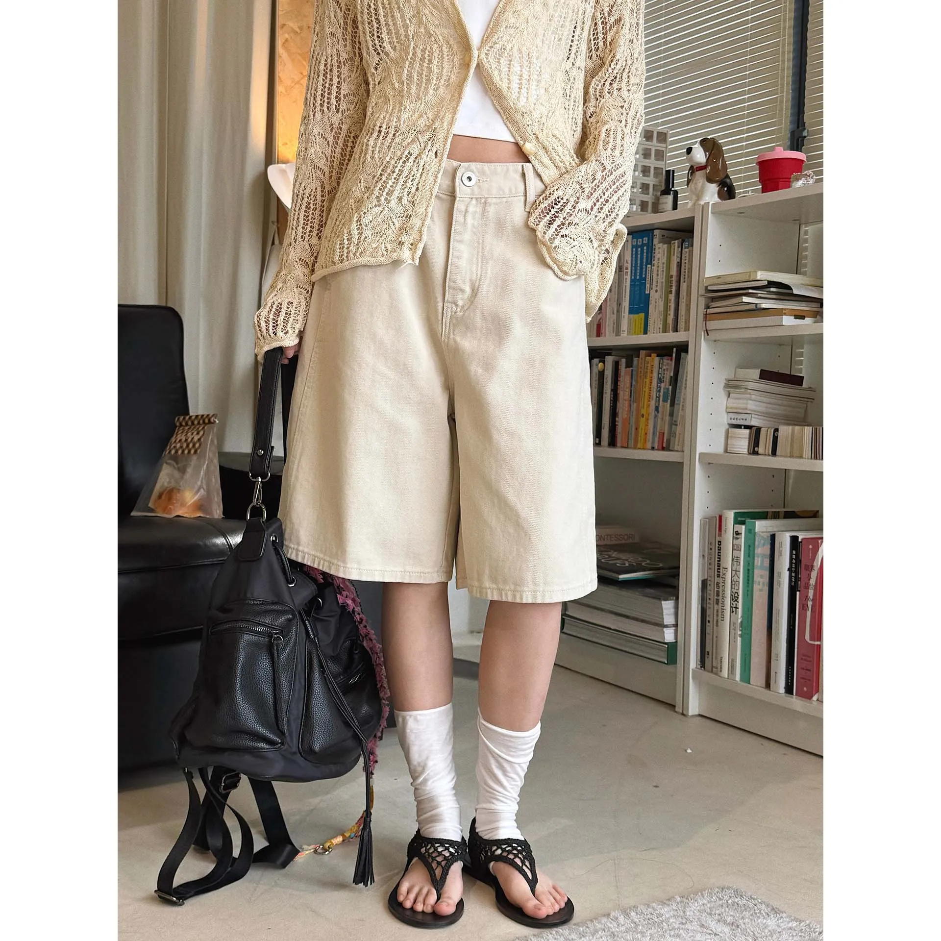 FANAN Summer New Fashionable High-Waisted Straight-Leg Patchwork Denim Shorts For Women Loose Casual Mid-Length Pants Female