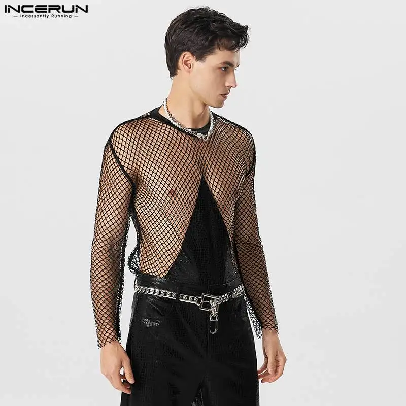 2023 Men T Shirt Mesh Patchwork Transparent O-neck Long Sleeve Tee Tops Streetwear Sexy Fashion Party Camisetas S-5XL INCERUN