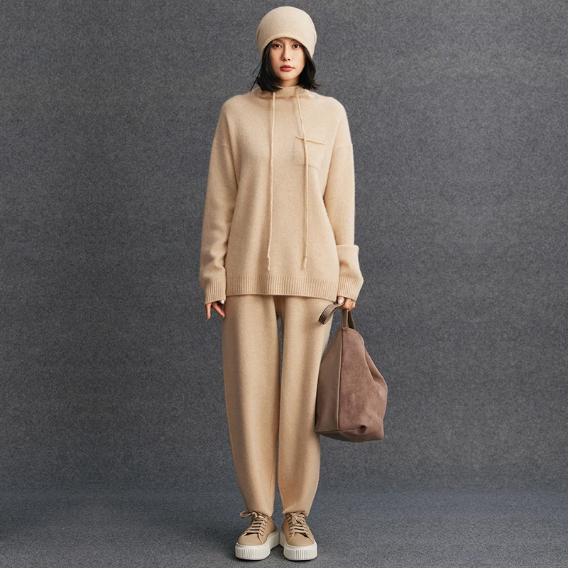 Women's Matching Set 100% Cashmere High Neck Loose Sweater Casual Solid Color Knitted Small Foot Cashmere Pants Two-Piece Set