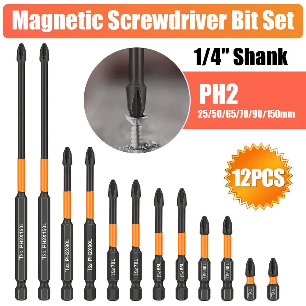 12Pcs PH2 Magnetic Screwdriver Drill Bits 1/4” Hex-Shank Strong Magnets Excellent Hardness Impact Driver Bit Set