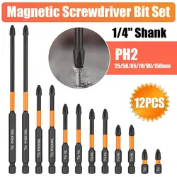 12Pcs PH2 Magnetic Screwdriver Drill Bits 1/4” Hex-Shank Strong Magnets Excellent Hardness Impact Driver Bit Set