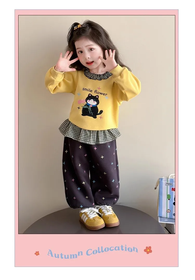 2026 Herbst Baby-Mädchen-Kleidungssets, Kinder-Sweatshirt mit Rüschenkragen und Cartoon-Print + Hose mit Sternenmuster, 2-teiliger Freizeitanzug für Kinder – Detail 1