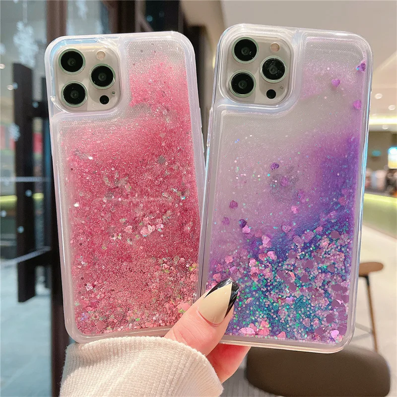 Luxo amor coração líquido glitter caso para iphone 16 15 13 mini 14 12 11 pro max plus 17 ar areia movediça claro pára-choques capa