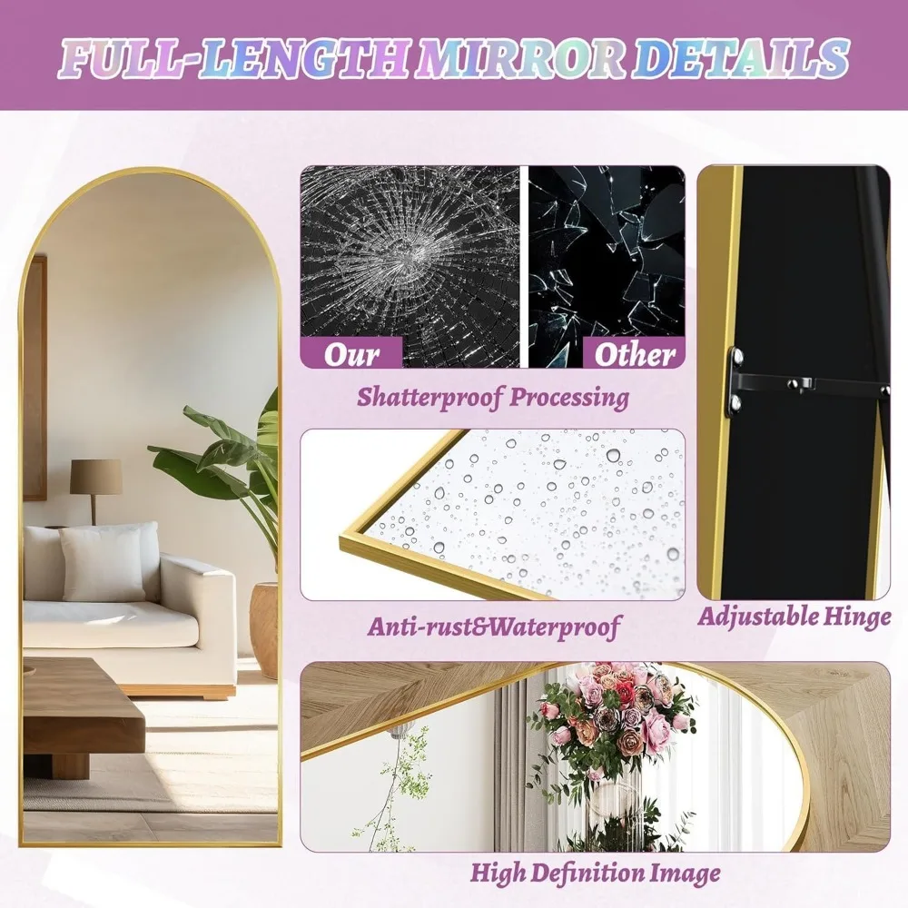 Gouden vloerspiegel over de volledige lengte met standaard voor slaapkamer en woonkamer, 58 x 21 elegante woondecoratie