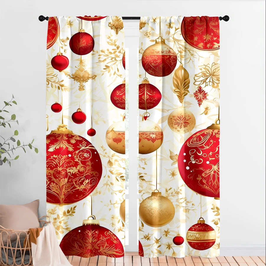 2PCS Christmas Winter Curtains, Red Gold Ornament Pattern, Digital Print, Bedroom Living Room, Rod Pocket Polyester, Home Decor