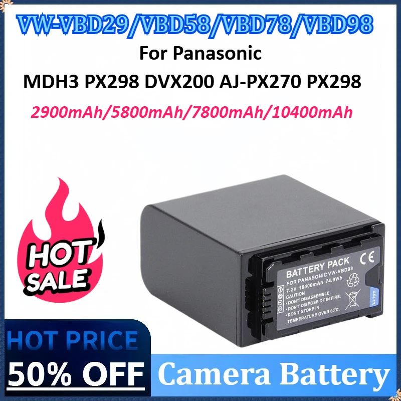 

VW-VBD29 VBD58 VBD78 VBD98 7.2V 2900mAh/5800mAh/7800mAh/10400mAh Camera Battery for Panasonic MDH3 PX298 DVX200 AJ-PX270 PX298