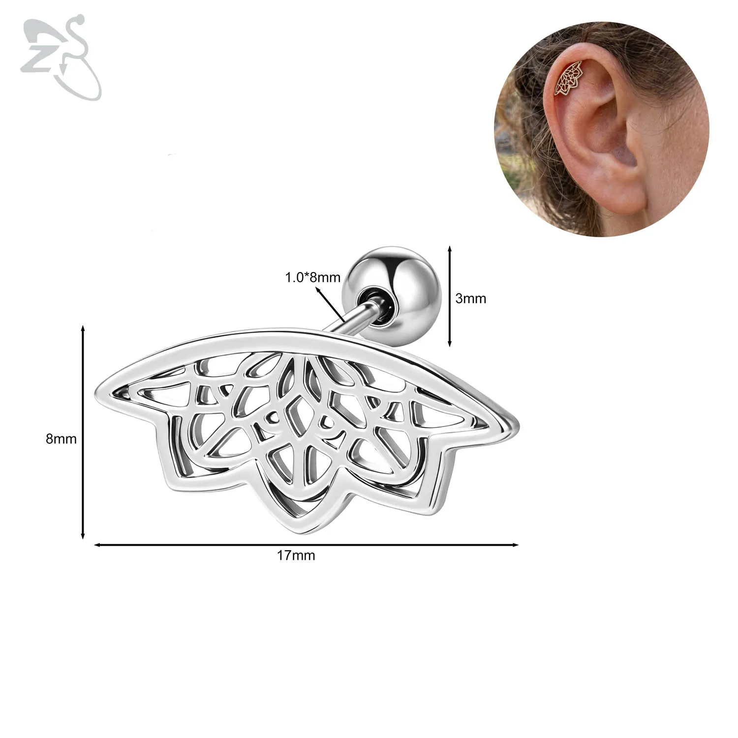 ZS 1PC 18G Zilver Kleur Rvs Stud Oorbellen voor Vrouwen Spinnenweb Vorm Kraakbeen Oorbellen Helix Piercing Lichaam sieraden