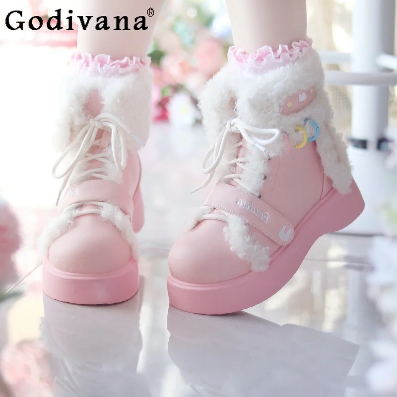 

Winter New Plush Warm Snow Boots Japanese Cute Girls Sweet Versatile Lolita Short Boots Women Y2k Thick Sole Short Boots 2025