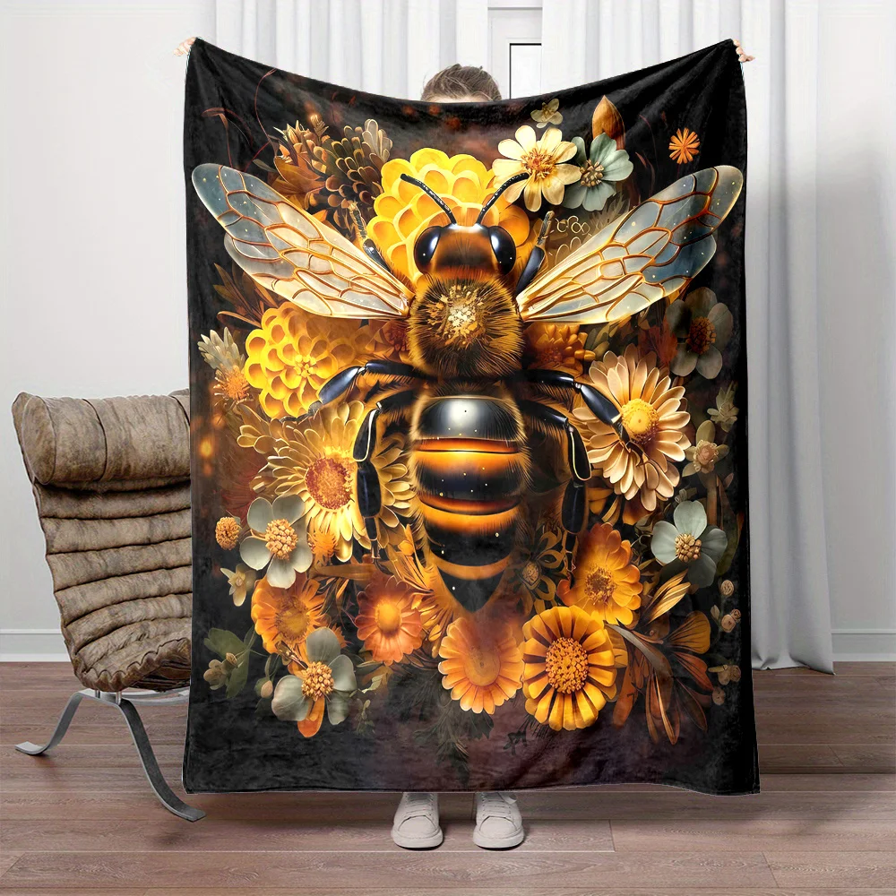 Universal Small Throw Blanket with Honey-Gathering Bee Pattern