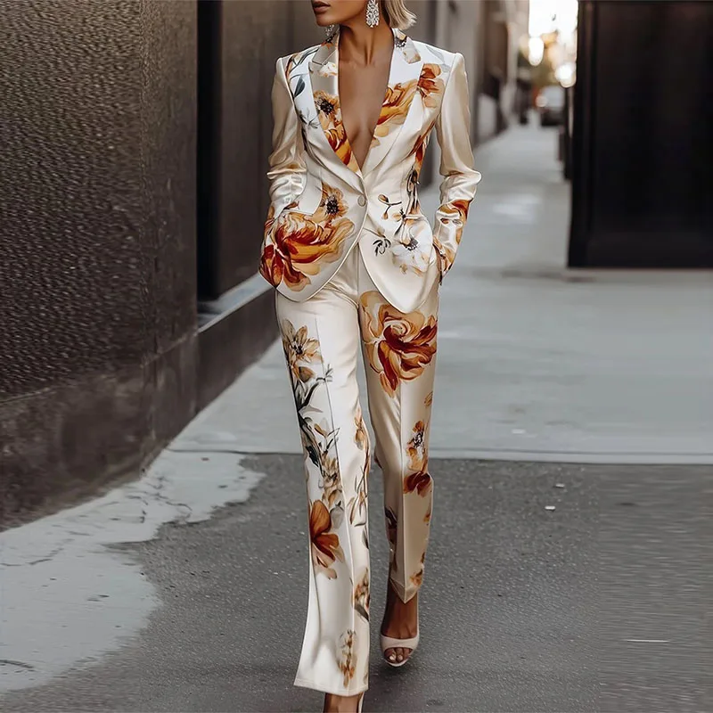 

Women's Sexy Deep V Satin office suit 2pcs Set Winter White Glossy Long Sleeved One Button Jacket&Straight Leg Pants Vacation