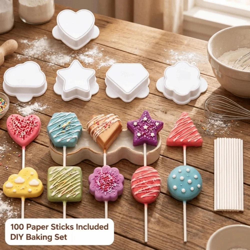 PLA Cake Molds Set 5 Shapes Dessert Making Cakecutter And Pusher With 100 Sticks Reusable Press-forming Molds